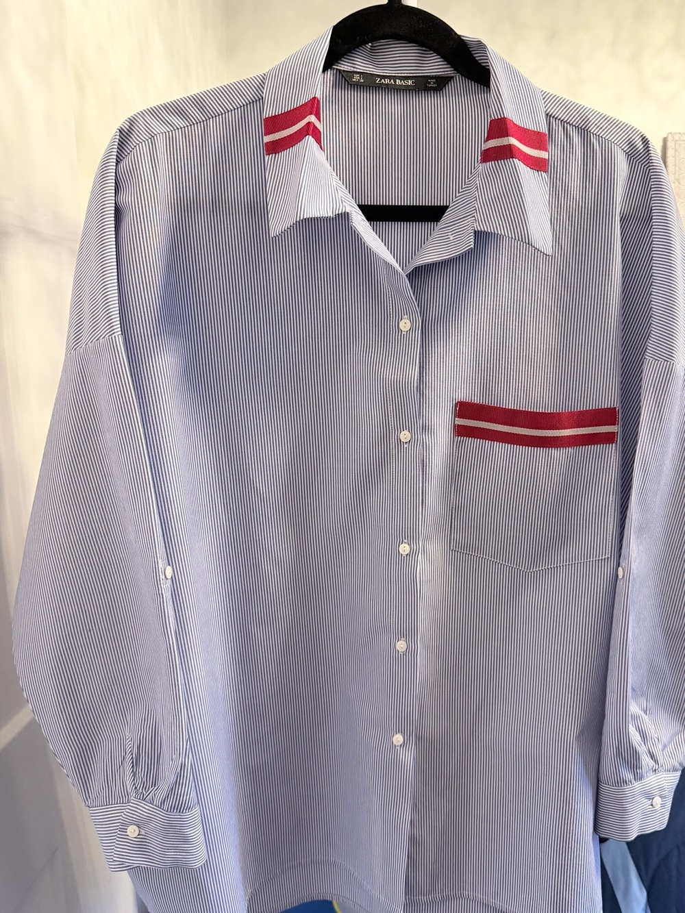 ZARA BASIC Oversized Shirt Size L - Blue Stripe Red Trim - Excellent Condition